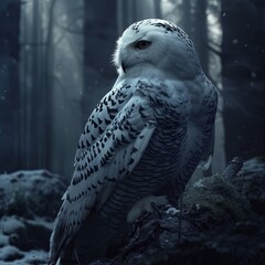 snowy owl in a dark forest