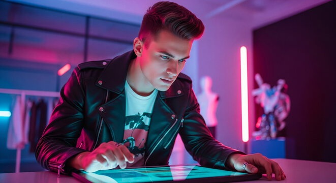 Stylish young man in leather jacket interacts with a digital screen in a vibrant, modern space under neon lighting.