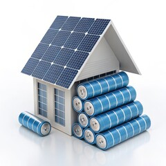 House with solar panel and batteries isolated on white background