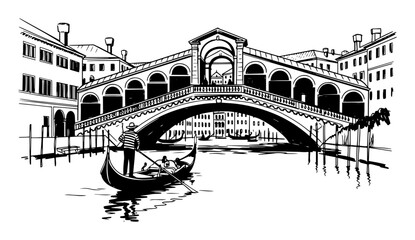 venice rialto bridge with gondola sketch vector illustration