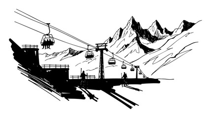 Obraz premium ski resort with chairlift and mountains landscape sketch vector