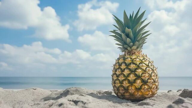 A pineapple is sitting on the beach, surrounded by sand and water. The image has a relaxed and peaceful mood, as the pineapple is placed in a natural setting