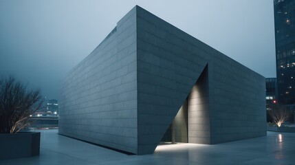 Duplex with sharp angles matte slate walls photographed in blue hour with faint city light reflections cinematic framing