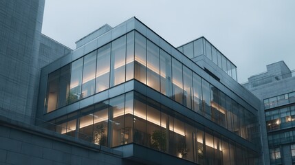 Layered duplex with translucent polycarbonate panels reflective aluminum early dusk light illuminating upper floors casting subtle volumetric glow