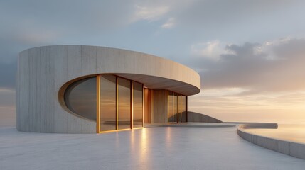 Minimalistic duplex with curved concrete shell bronze-framed windows sunset rim light casting golden glow on surfaces with soft