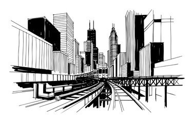 Obraz premium chicago city skyline with elevated train sketch vector