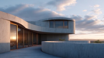 Minimalistic duplex with curved concrete shell bronze-framed windows sunset rim light casting golden glow on surfaces with soft
