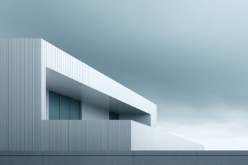 Dual-unit minimalist duplex with corrugated metal detail harsh directional light from right edge creating deep structural shadows cold