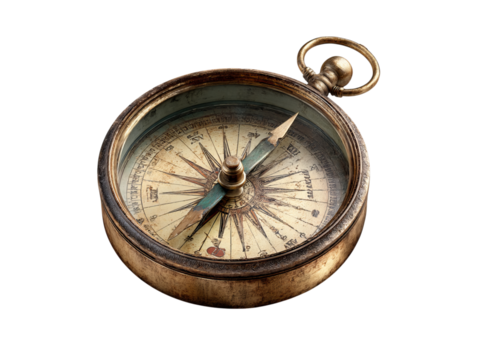 Antique brass compass navigation tool vintage travel exploration, Isolated On White, Png, Transparent Background