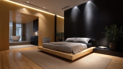 Minimalist suite with black and birch wood tones, spotlight-style rim lighting defining sharp furniture edges, mirror reflecting room