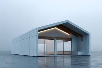 Large barn structure with minimalistic gabled form foggy background top-down diffused lighting soft reflection on frosted glass ambient