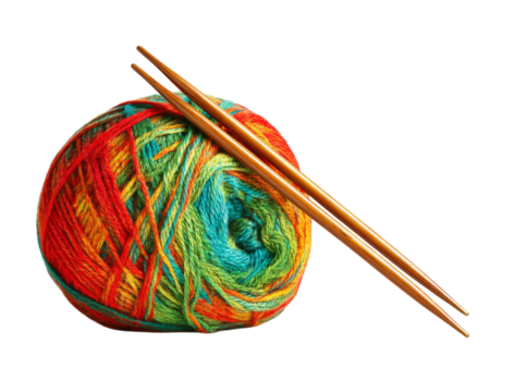 Colorful yarn ball with wooden knitting needles on black background, Isolated On White, Png, Transparent Background