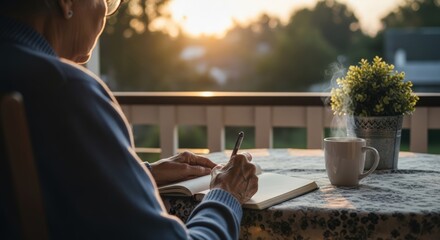 senior person writing in a journal on a balcony at golden hour with steaming coffee, a peaceful moment of reflection and relaxation