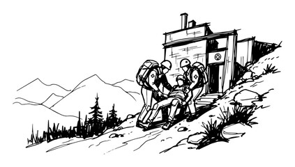 Obraz premium mountain rescue team carrying patient on stretcher sketch