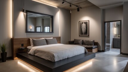 Minimalist suite with black and birch wood tones, spotlight-style rim lighting defining sharp furniture edges, mirror reflecting room