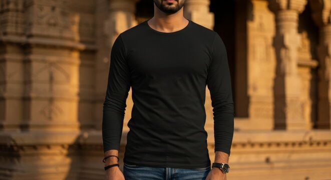 black long sleeve plain t-shirt mockup worn by young Indian male model, standing in front of traditional Indian temple