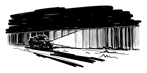 border patrol vehicle at fence during night sketch