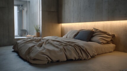 Minimalist suite in off-black and pale sand, spotlight top-center creating vignette-style illumination on bed, raw canvas duvet with