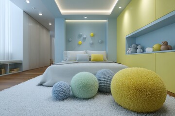 Kid room in playful lemon yellow and cyblue, soft ceiling glow illuminating pastel toys on sharp-focus rug, textured