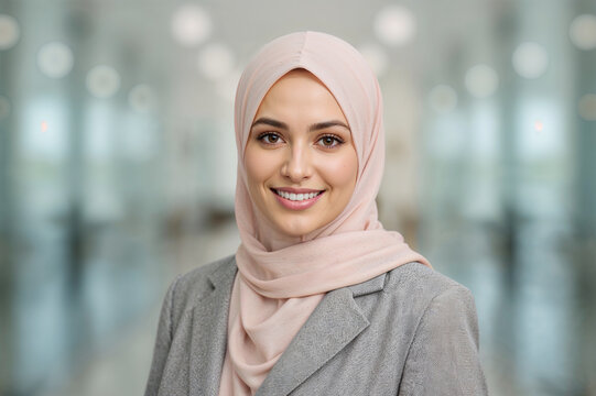 Young woman wearing a pink hijab and grey blazer smiling image