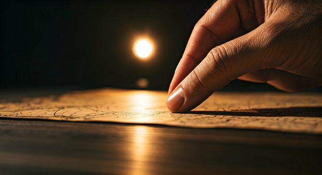 Hand Points to Spot on Ancient Map