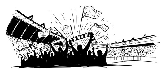 soccer fans cheering in stadium crowd silhouette sketch