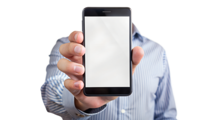 Man is holding a smartphone with a blank screen isolated on transparent background
