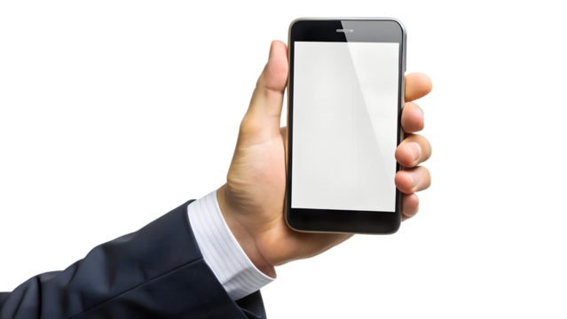 Businessman is holding a smartphone with blank screen isolated on transparent background