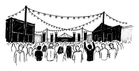 music festival outdoor concert with crowd sketch vector © Mago