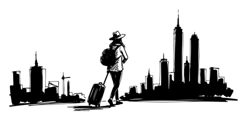 woman with luggage traveling to the city sketch vector © Mago