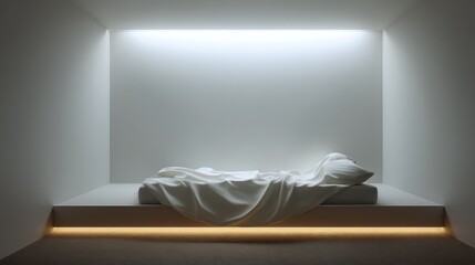 Minimalist room in white smoke and brushed nickel, hidden light source above bed creating smooth gradient illumination on