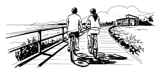 couple riding bicycles on seaside promenade sketch vector