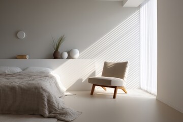 Minimalist room in cool taupe and snow white, soft backlighting creating linear floor highlights, textured cotton bedspread in