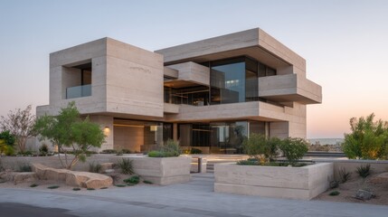 Minimalist stacked duplex with sand-colored plaster steel supports soft side light during blue hour creating smooth reflective gradient