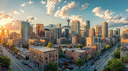 Fototapeta premium A panoramic shot of a bustling urban skyline with high-rise buildings and busy streets.