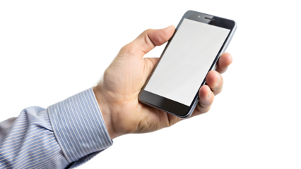 Mans hand holding a smartphone with blank screen isolated on transparent background