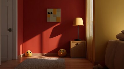 Kid room in crimson and butter yellow, top-right lamp producing long directional shadows on themed wall art, felt