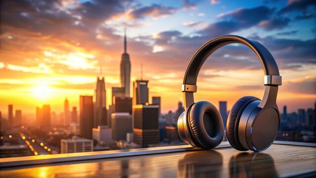A pair of wireless headphones with earbuds and microphone in a futuristic cityscape at sunset