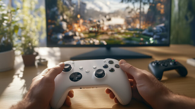 Gamer enjoying immersive experience with modern gaming controller in bright living room during daytime
