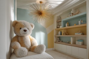 Kid bedroom in pastel mint and sunflower yellow, light spherical ceiling fixture casting warm radial glow, plush toy