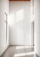 Obraz premium Empty corner of minimalist living room with natural lighting large window fills room with sunlight casting shadows on wall neutral tones create calm stylish interior design perfect for real Empty