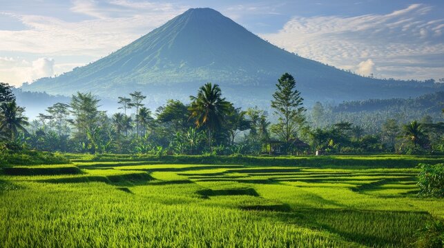 A peaceful landscape showing a dormant volcano surrounded by lush green fields.
