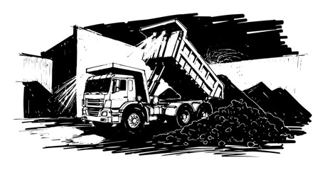 dump truck unloading gravel at construction site sketch © Mago