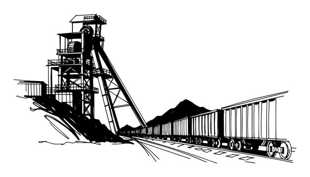 coal mine headframe with freight train sketch vector