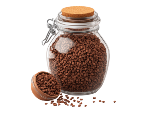 Brown plastic pellets in a glass jar with cork lid, Isolated On White, Png, Transparent Background