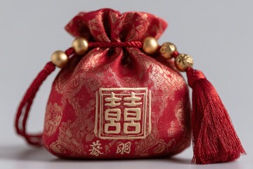 Red silk pouch with gold beads  tassel featuring Chinese characters