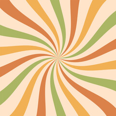A retro spiral swirl background in warm vintage tones of orange, green, and yellow. Psychedelic groovy design inspired by 70s aesthetics, perfect for various designs, posters, print, banners.