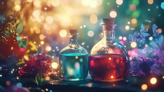 Colorful potion bottles on a mystical surface.