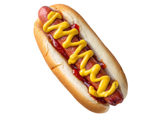 Delicious hot dog with ketchup and mustard on a soft bun, Isolated On White, Png, Transparent Background