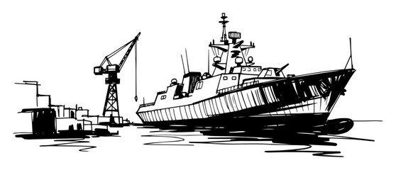 navy warship docked in port sketch vector © Mago